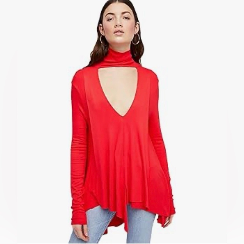 Free People Red Ribbed Knit Cutout Mock Neck Tunic Top Size L